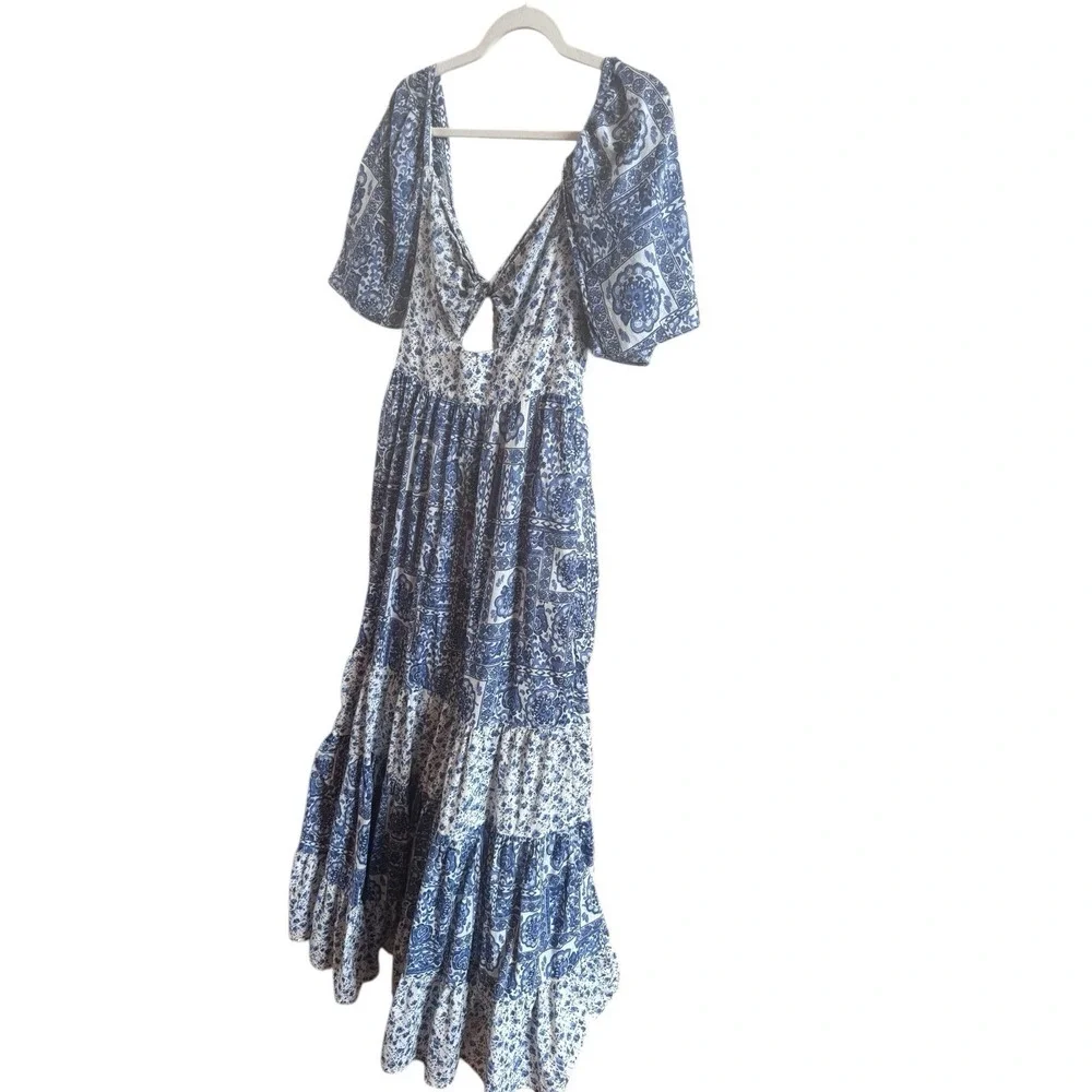 AbercrombieFitch Blue White Tiered Maxi Dress MediumTall Twist Front Cottagecore